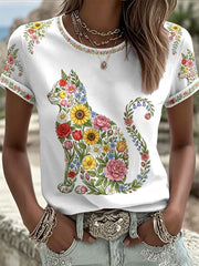 Women's Floral Cats Print Casual Tee