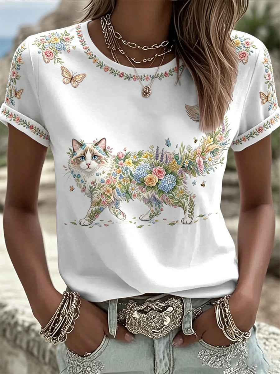 Women's Floral Cats Print Casual Tee