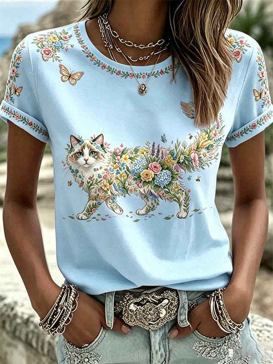 Women's Floral Cats Print Casual Tee