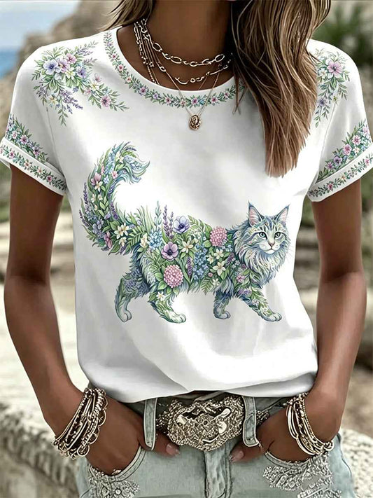 Women's Floral Cats Print Casual Tee