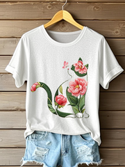 Women's Cat Floral Print Casual T-shirt gracestitchs