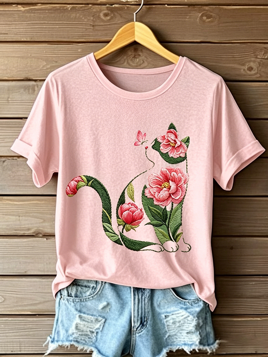 Women's Cat Floral Print Casual T-shirt gracestitchs
