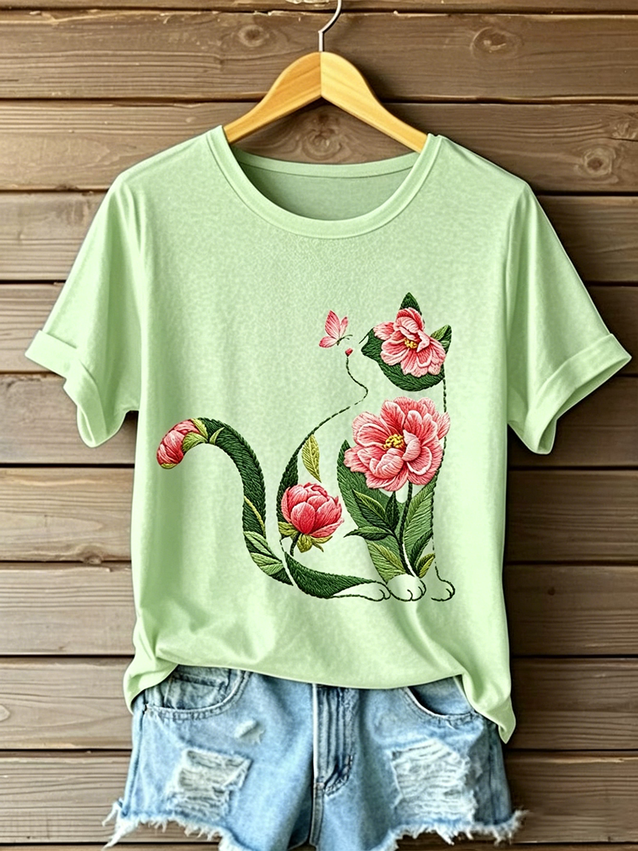 Women's Cat Floral Print Casual T-shirt gracestitchs