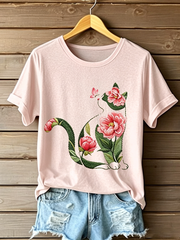 Women's Cat Floral Print Casual T-shirt gracestitchs