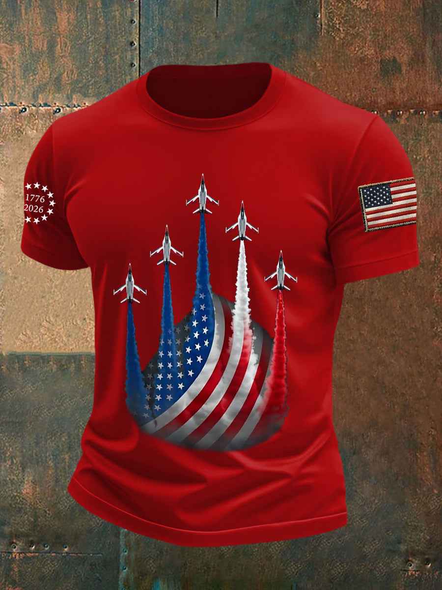 Men's Independence Day American Flag Jet Planes Print Casual Tee