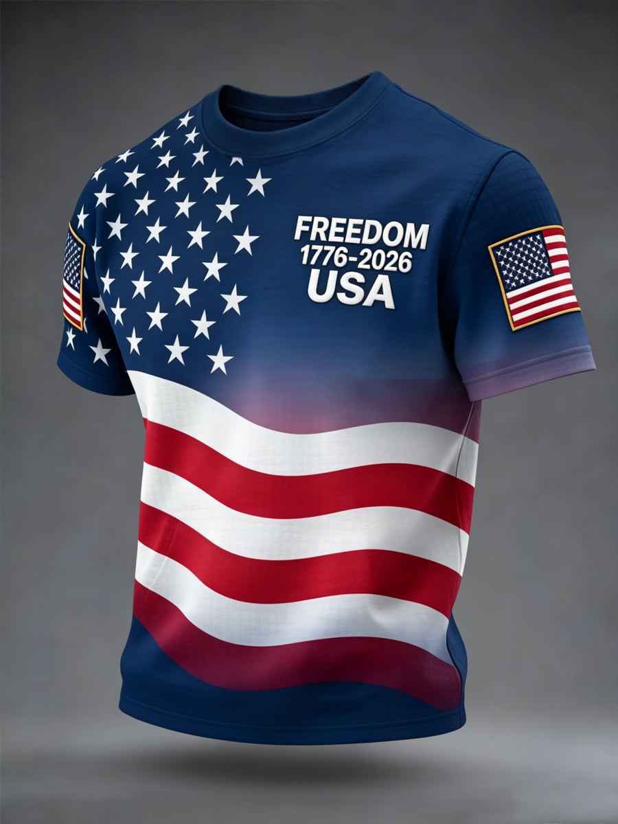 Men's Freedom 1776-2026 USA Flag Print Casual Independence Day Patriotic Tee