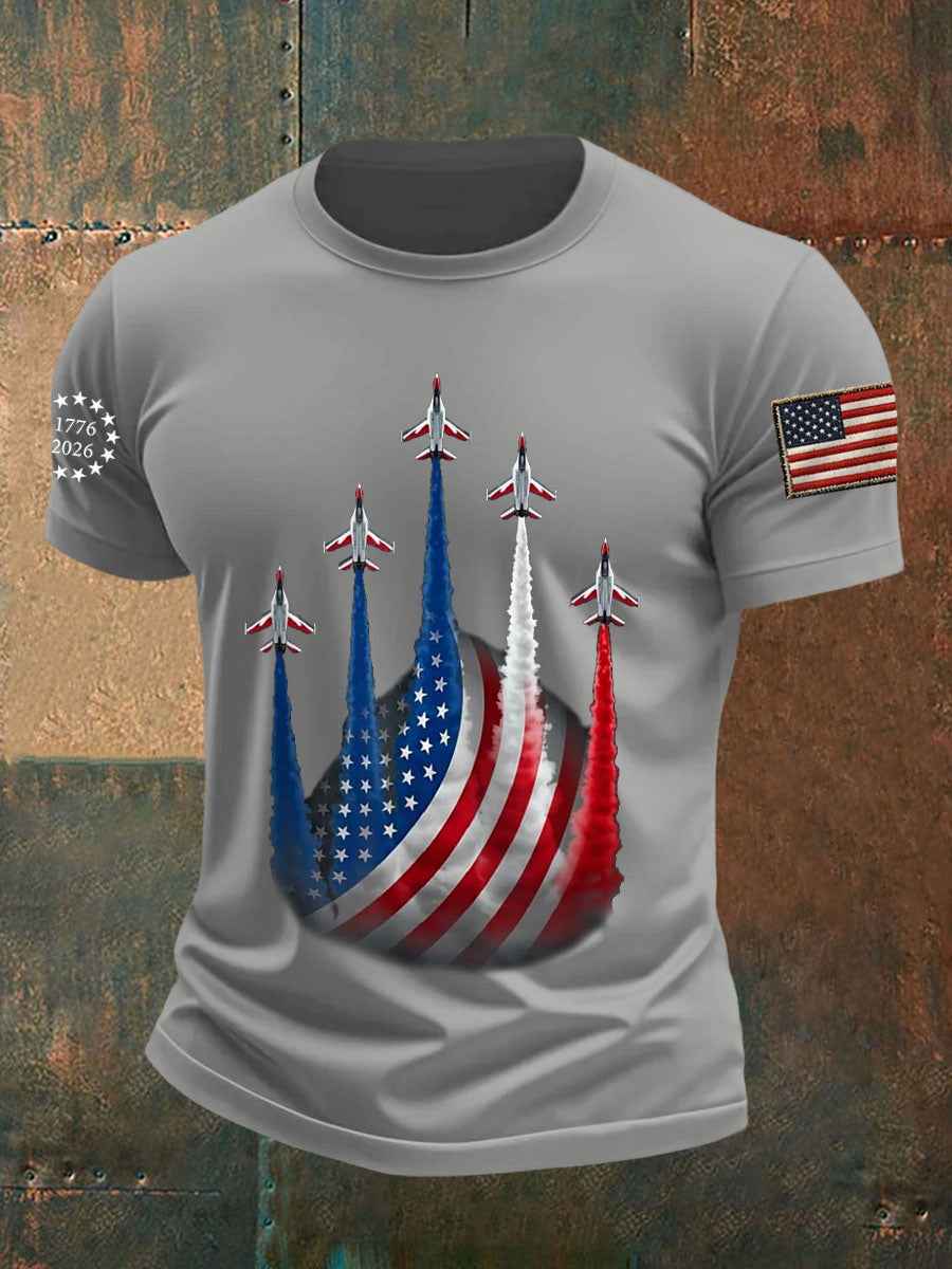 Men's Independence Day American Flag Jet Planes Print Casual Tee