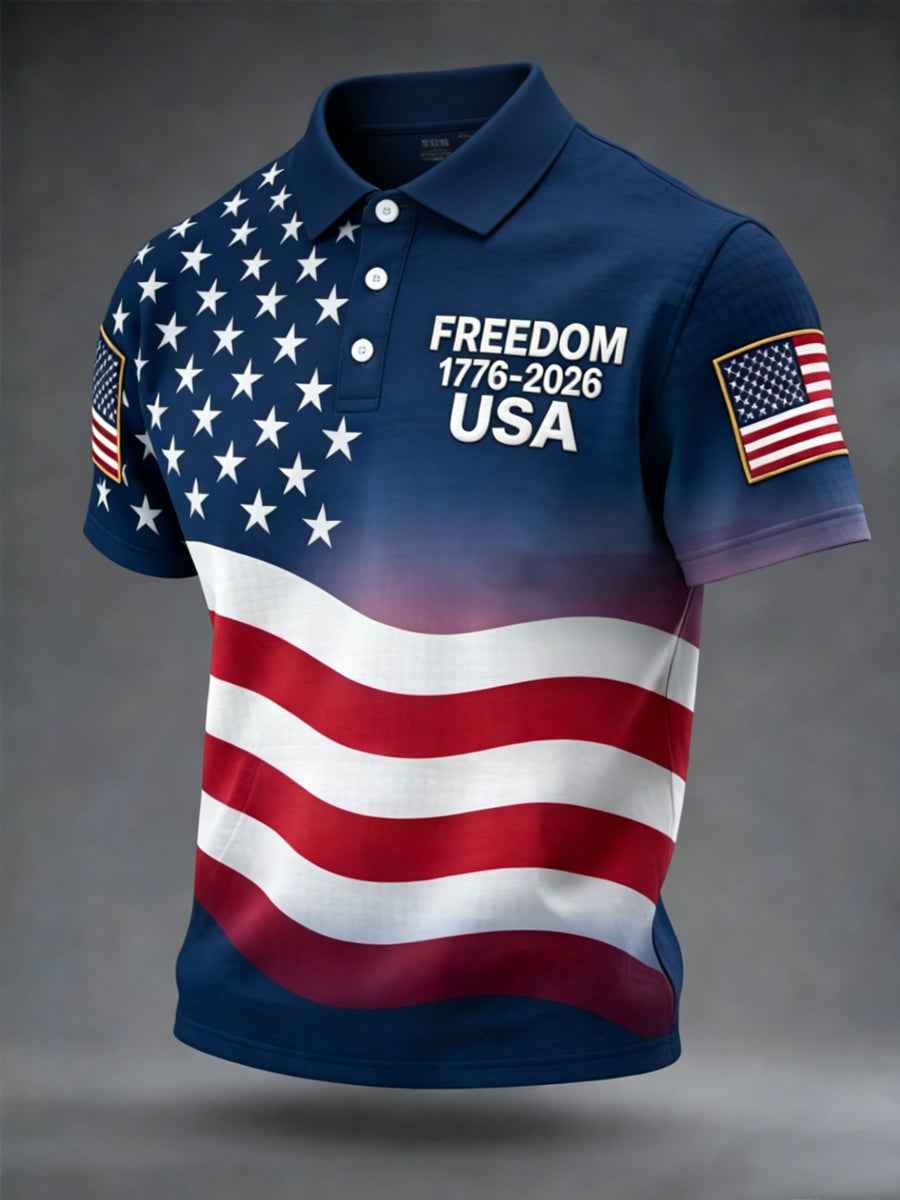 Men's Freedom 1776-2026 USA Flag Print Casual Independence Day Patriotic Polo