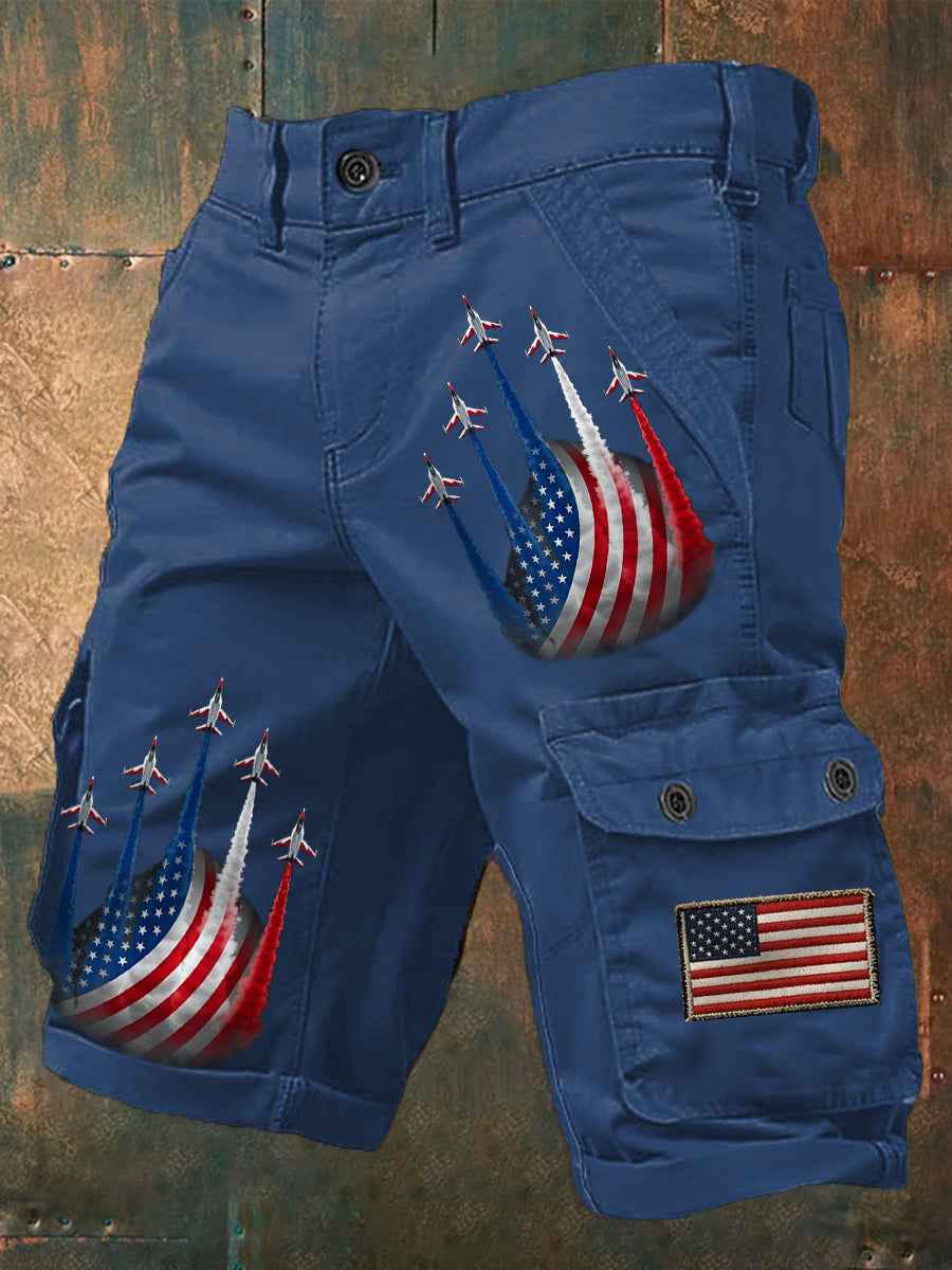 Men's Independence Day American Flag Jet Planes Print Casual Cargo Shorts