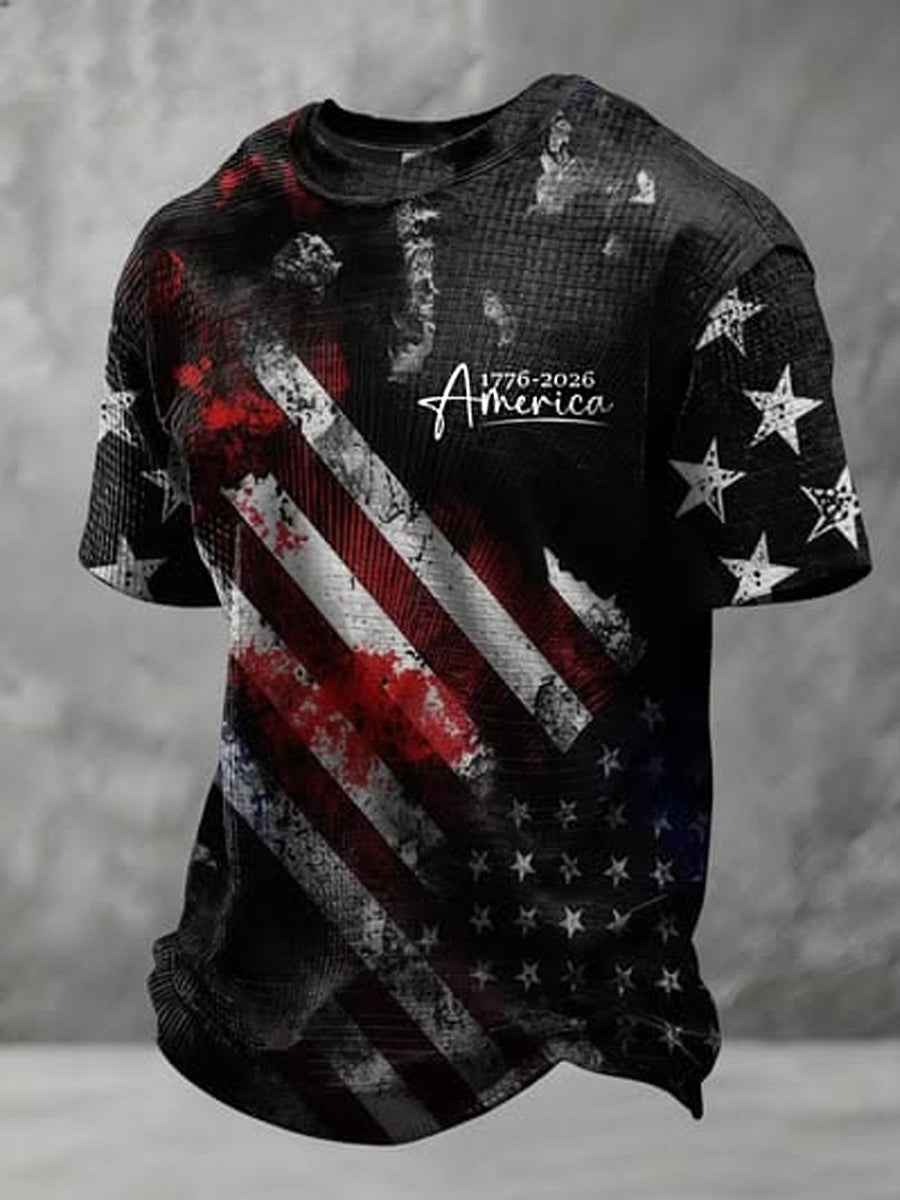 Men's USA Flag 1776-2026 Print Casual Waffle Casual Tee