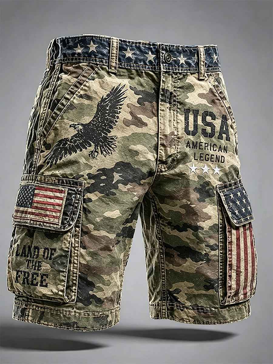 Men's Independence Day Retro American Flag And Eagle Camouflage Art Print Casual Shorts