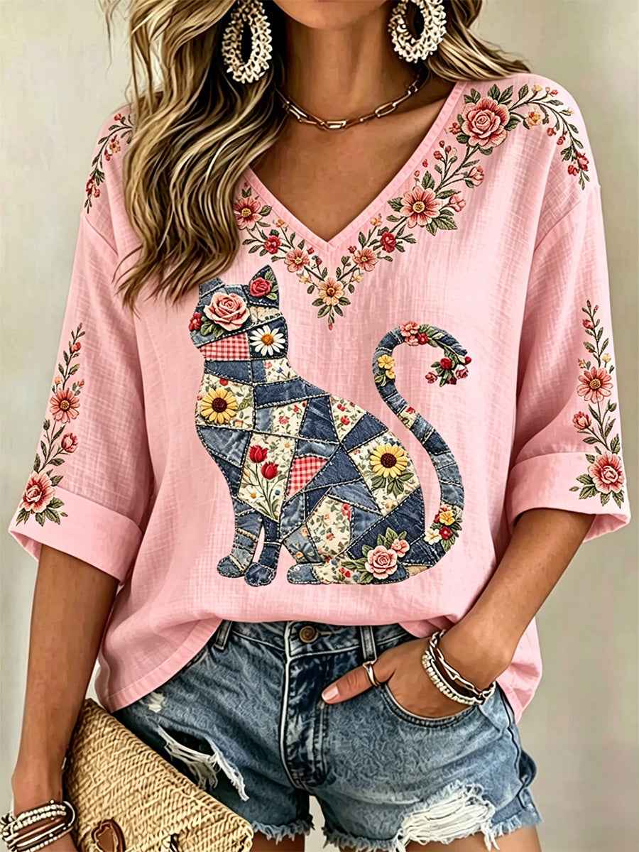 Women's Floral Cat Print Casual V-Neck Top