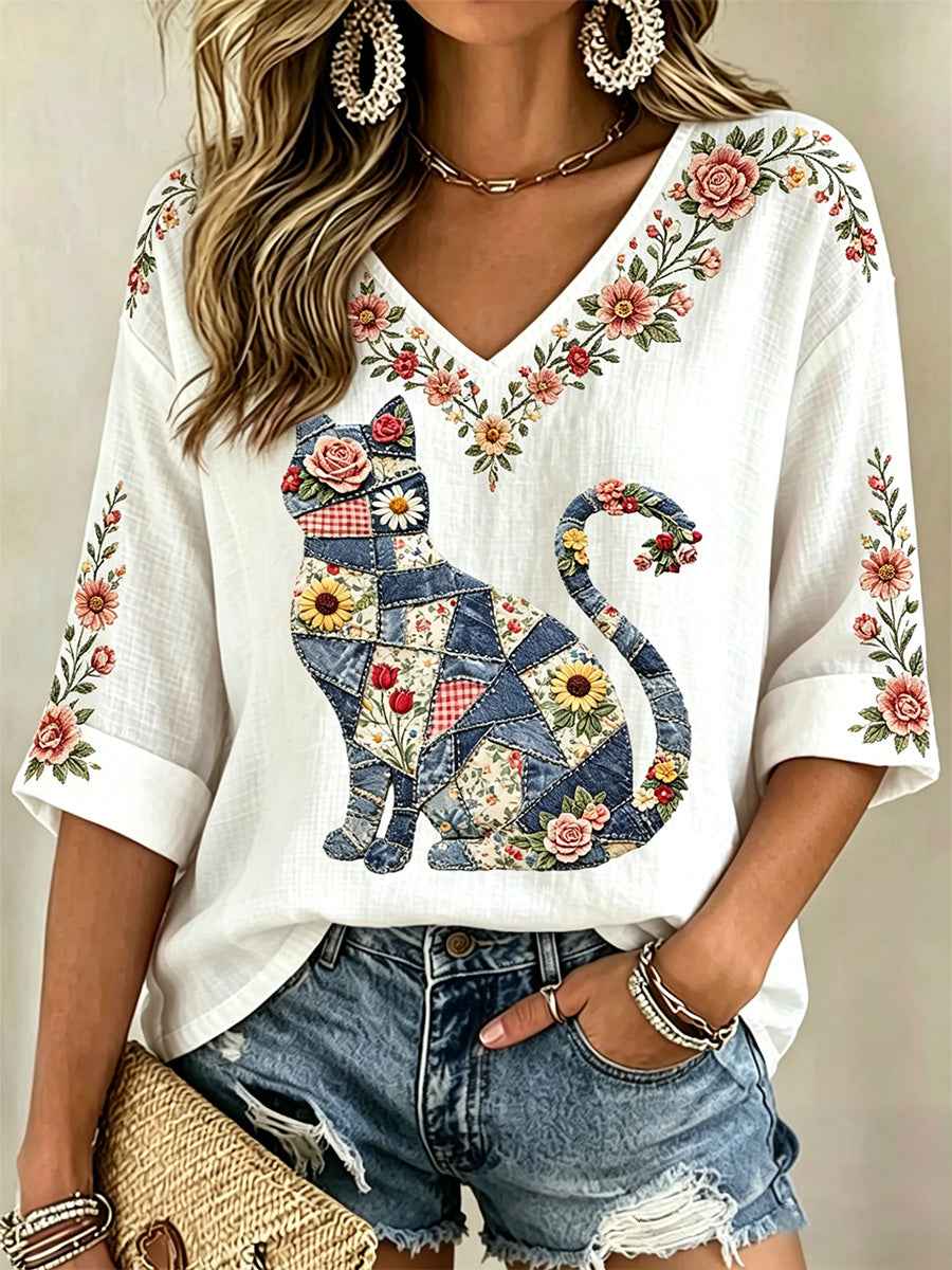 Women's Floral Cat Print Casual V-Neck Top