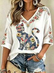 Women's Floral Cat Print Casual V-Neck Top