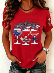 Women's Red Wine Blue Independence Day Print Casual Patriotic Tee