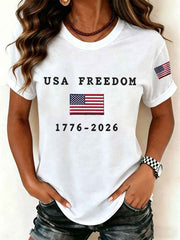 Women's USA Freedom American Flag Print Casual Independence Day Patriotic Tee