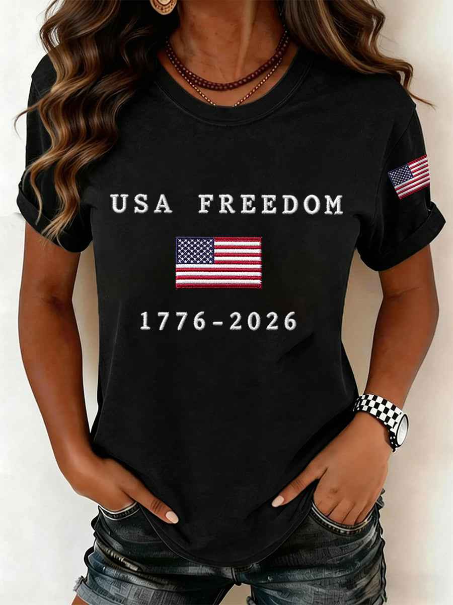 Women's USA Freedom American Flag Print Casual Independence Day Patriotic Tee