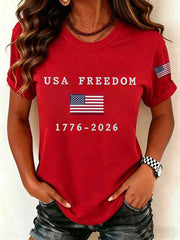 Women's USA Freedom American Flag Print Casual Independence Day Patriotic Tee