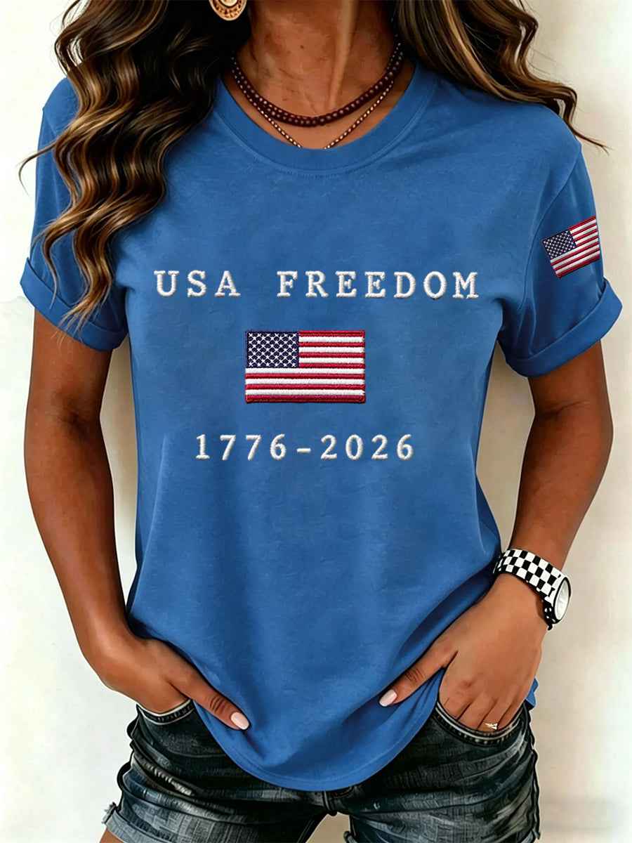 Women's USA Freedom American Flag Print Casual Independence Day Patriotic Tee