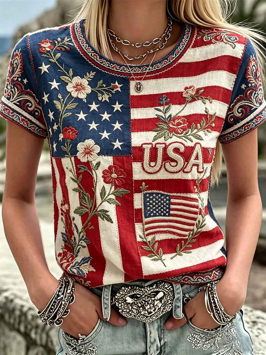 Women's America Floral Print Casual T-Shirt