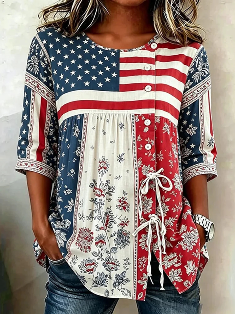 Women's American flag flowersCotton-Linen Button-Front Top with Ties gracestitchs