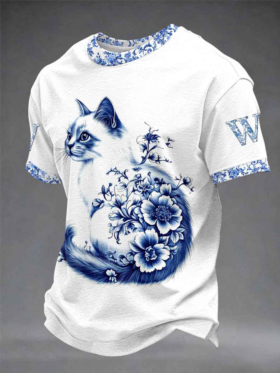 Men's Animal Cat Retro Unisex Casual Short-Sleeve T-Shirt