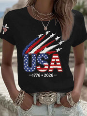 Women’s Usa Anniversary Flag Print Crew Neck Short Sleeve T-shirt