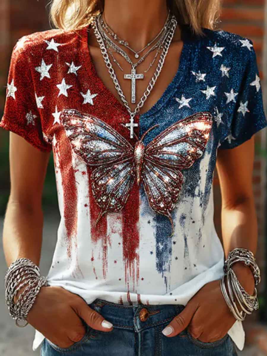 Women's America Printed V-neck T-shirt