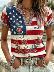 Women's America Floral Print V-Neck Casual T-Shirt
