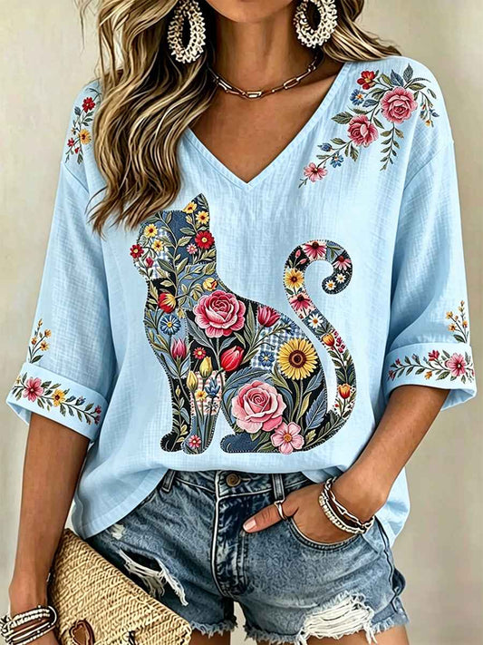 Women's Floral Cats Print Casual V-Neck Tee