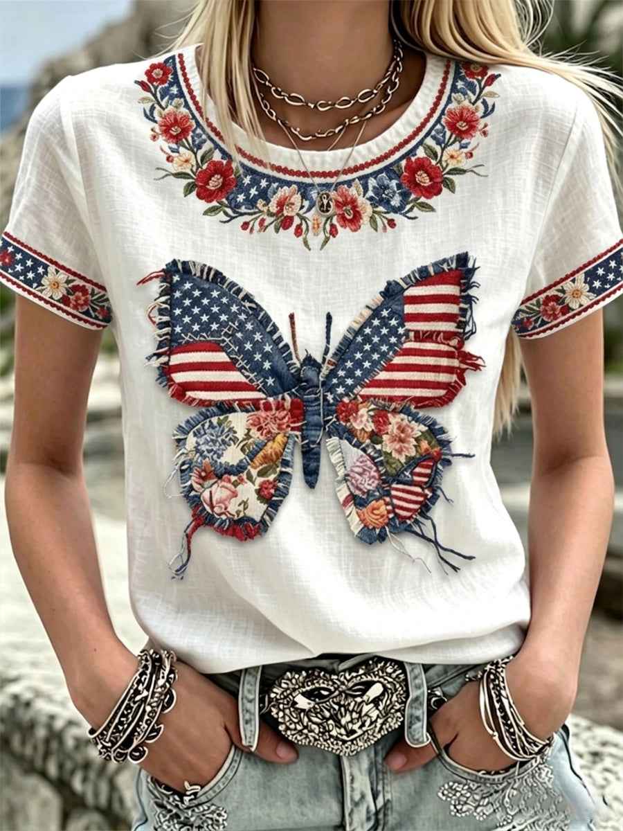 Women's Independence Day Flag Butterfly Art O-neck Top