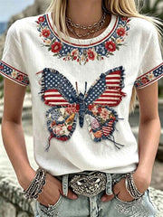Women's Independence Day Flag Butterfly Art O-neck Top