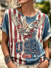 Women's Retro Independence Day Stars And Stripes Floral Print Linen Top