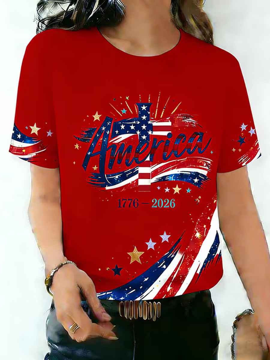 Women's Independence Day USA Flag Print Tee