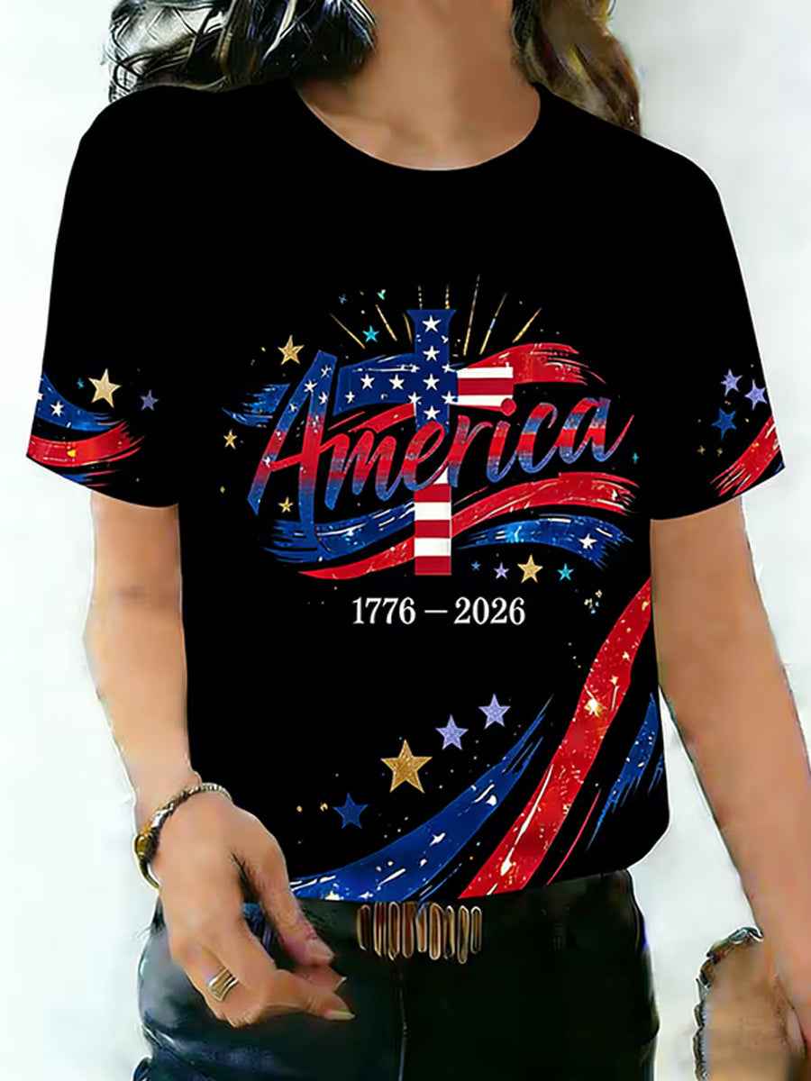 Women's Independence Day USA Flag Print Tee