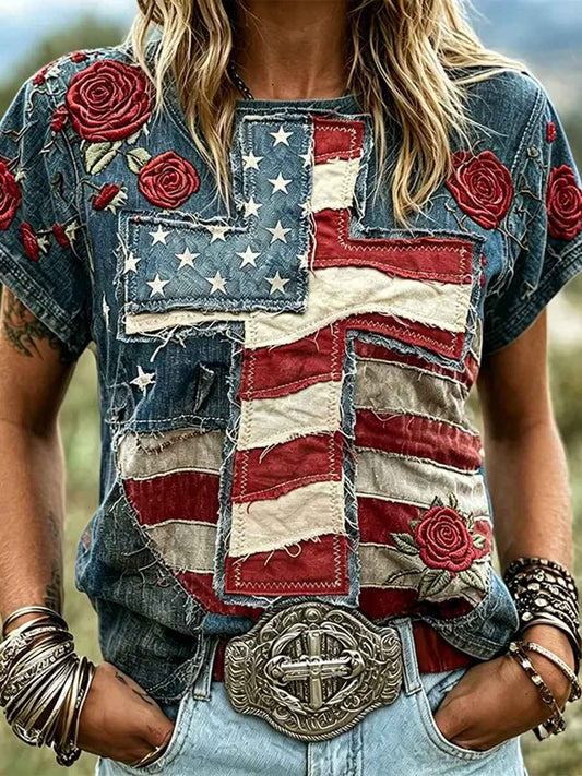 Women's Retro Independence Day Faith Cross With Rose Flag Patchwork Top