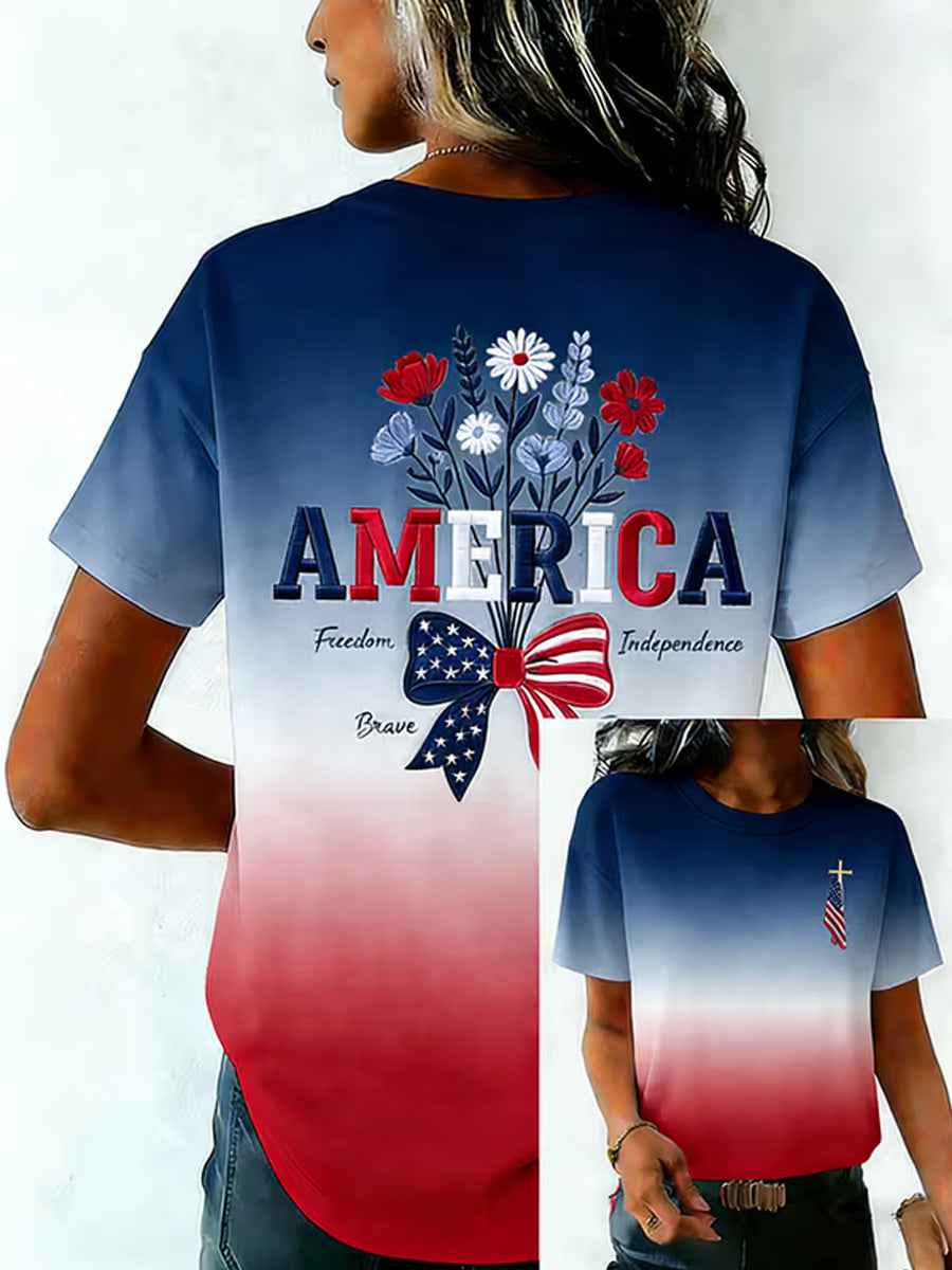 Women's Independence Day USA Flag Print Tee
