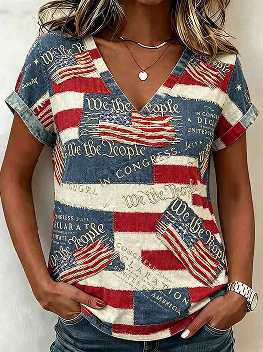 Women's Retro Independence Day Flag Patchwork We The People V-neck Top