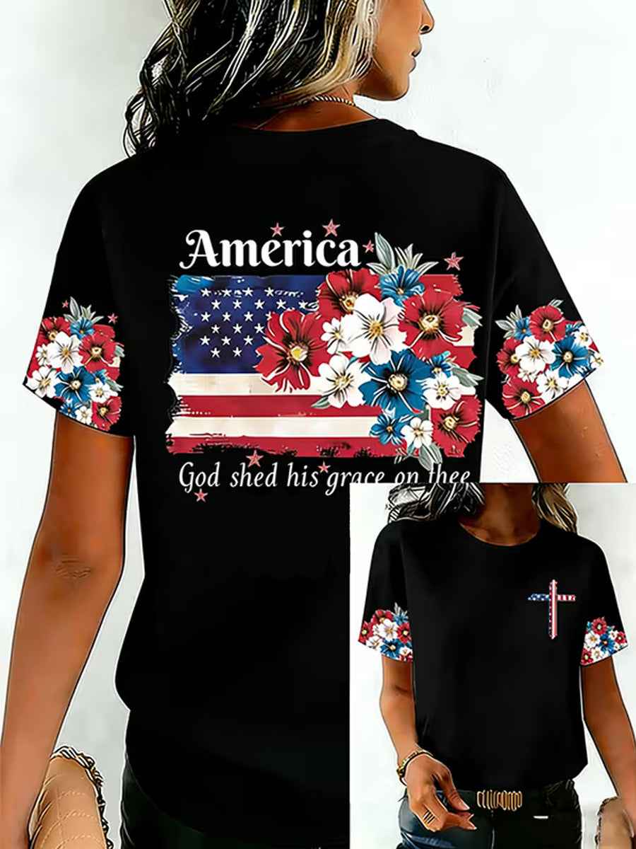 Women's Independence Day USA Flag Print Tee