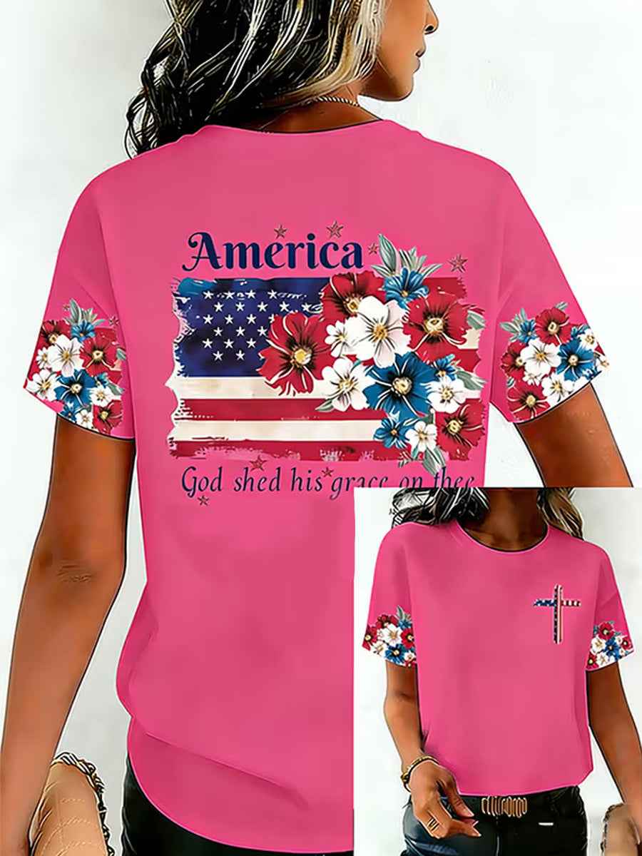 Women's Independence Day USA Flag Print Tee