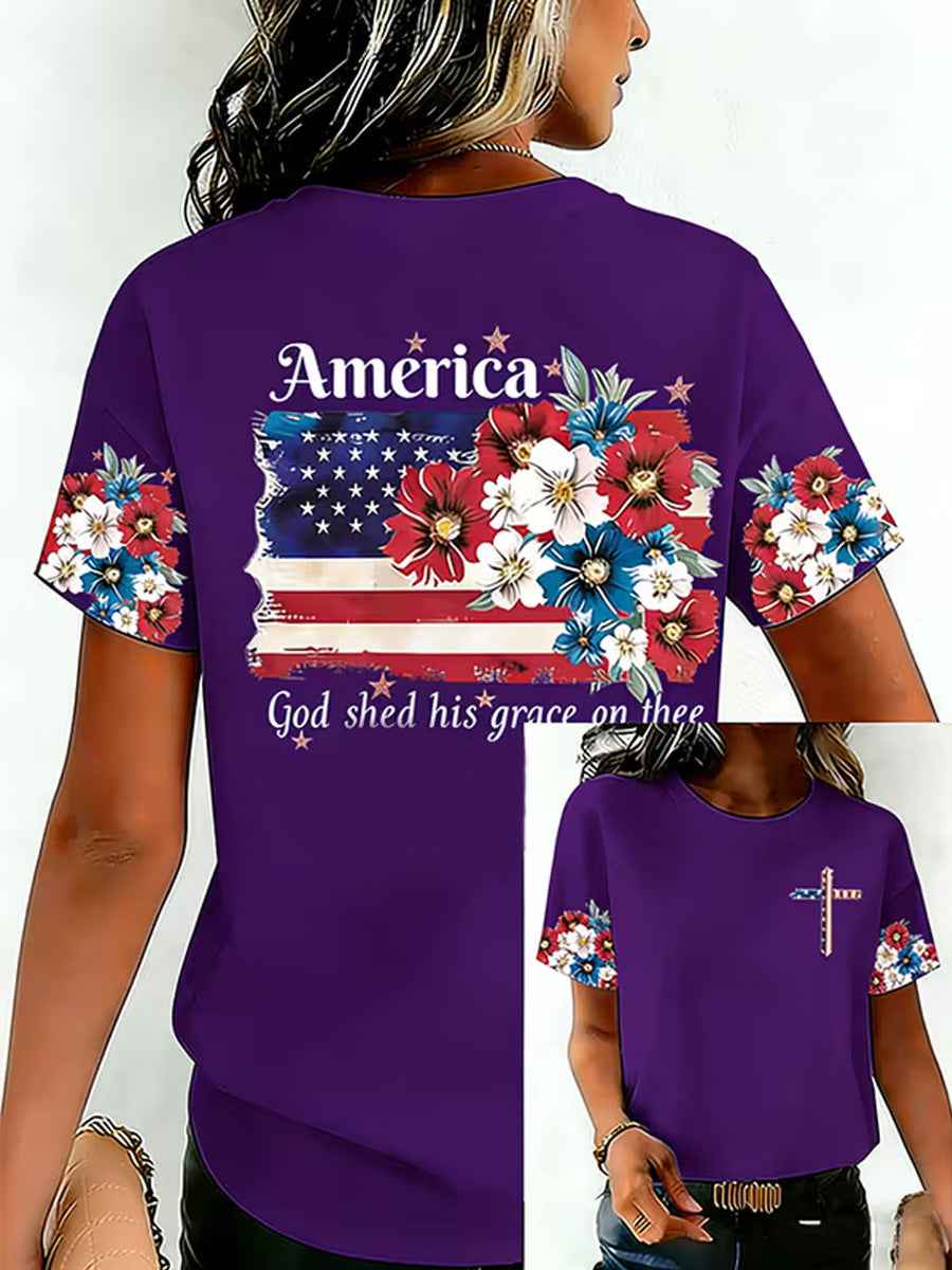 Women's Independence Day USA Flag Print Tee