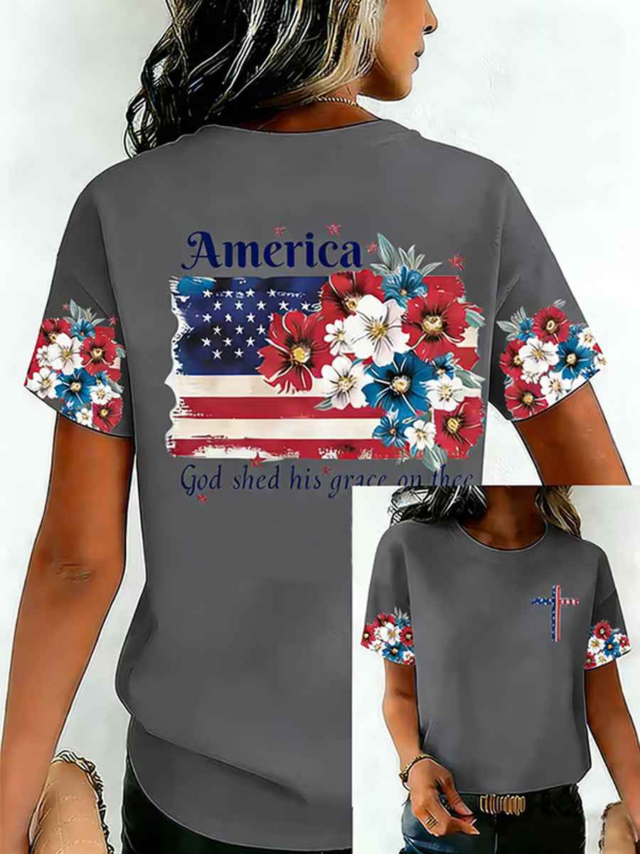Women's Independence Day USA Flag Print Tee