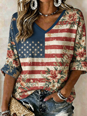 Women's USA Printed linen short-sleeved T-shirt gracestitchs