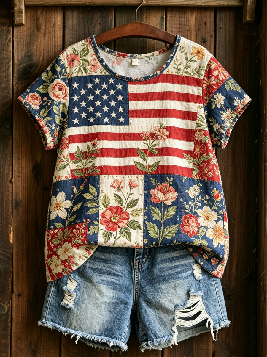 Women's USA Printed linen short-sleeved T-shirt gracestitchs