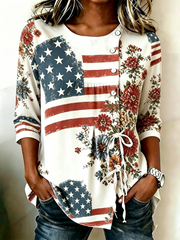 Women's USA Printed Cotton-Linen Button-Front Top with Ties gracestitchs