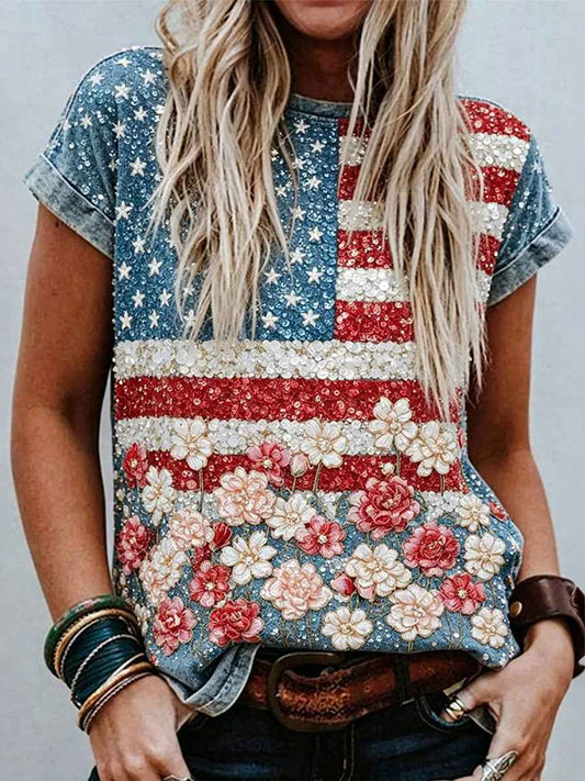Women's Vintage Independence Day Flag With Flowers Art Casual Short Sleeve Top