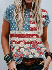 Women's Vintage Independence Day Flag With Flowers Art Casual Short Sleeve Top