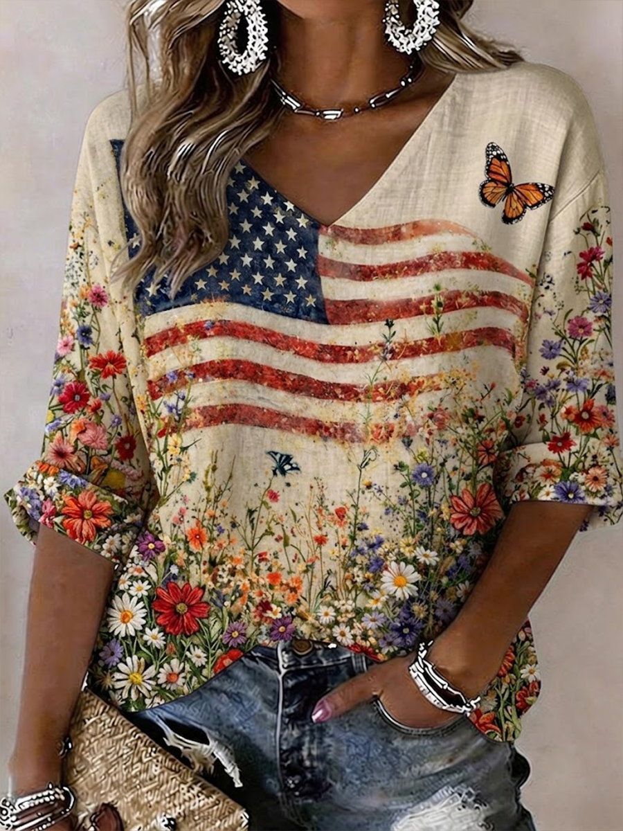 Women's National Flag Floral Print Linen Short-sleeved T-shirt gracestitchs