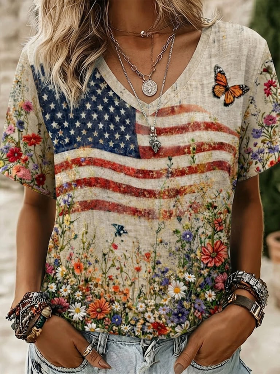 Women's National Flag Floral Print Linen Short-sleeved T-shirt gracestitchs
