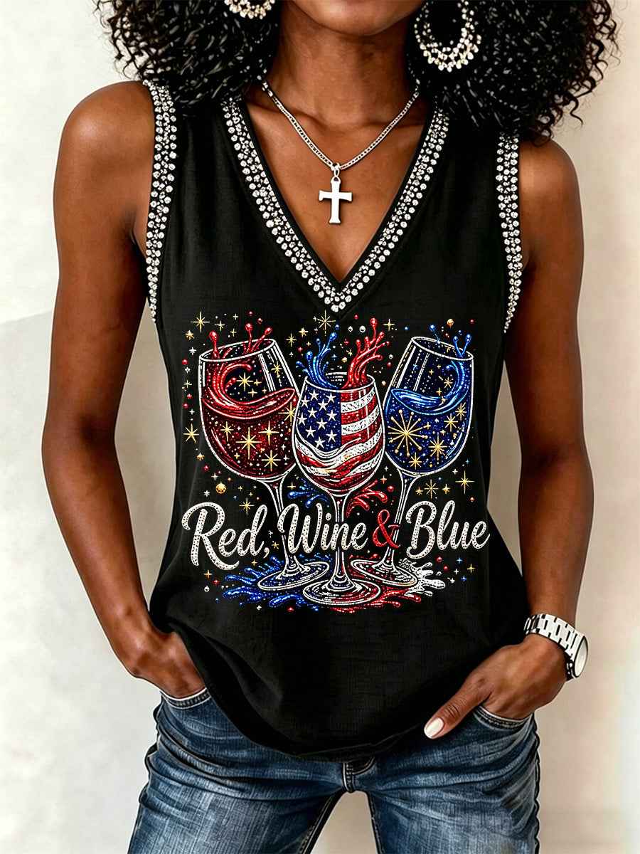 Women's Independence Day Red Wine Blue Print V-Neck Vests